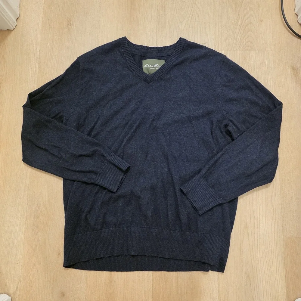 Eddie Bauer Navy Cotton Cashmere V-Neck Quiet Luxury Preppy Sweater Size L